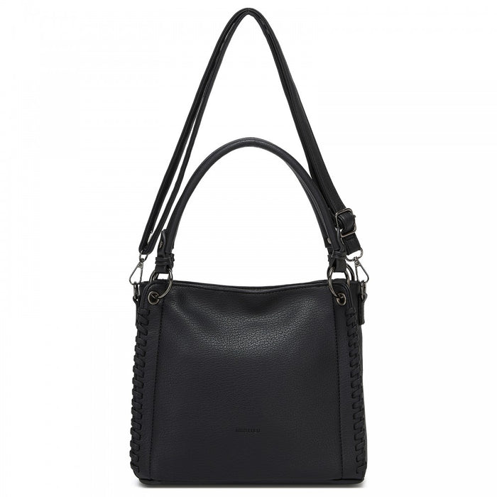 Textured PU Leather Crossbody Handbag with Woven Accents for Women – Black