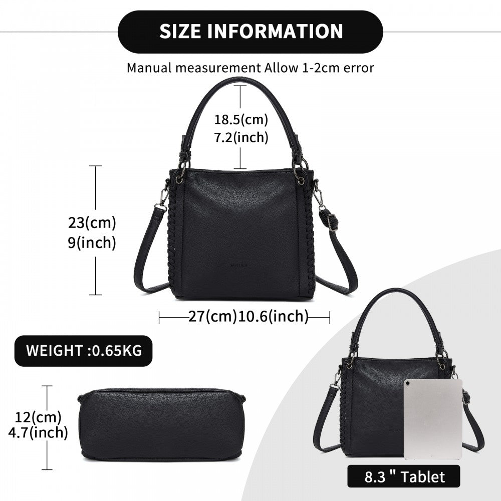 Textured PU Leather Crossbody Handbag with Woven Accents for Women – Black