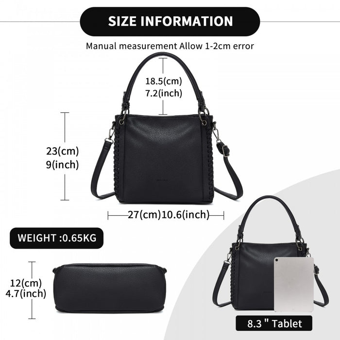 Textured PU Leather Crossbody Handbag with Woven Accents for Women – Black