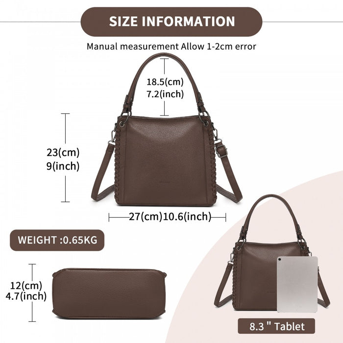 Textured PU Leather Crossbody Handbag with Woven Accents for Women – Brown