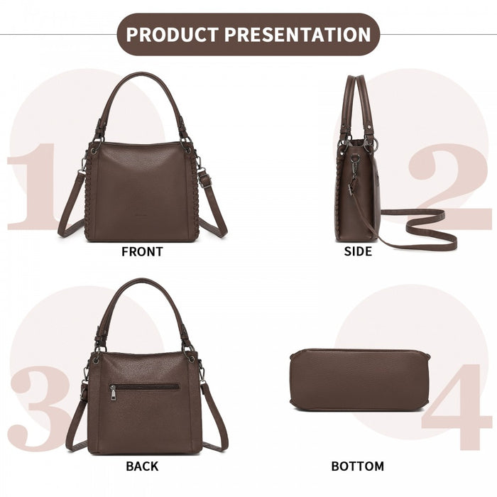 Textured PU Leather Crossbody Handbag with Woven Accents for Women – Brown