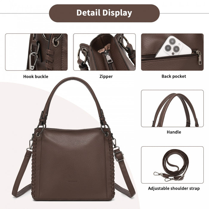 Textured PU Leather Crossbody Handbag with Woven Accents for Women – Brown