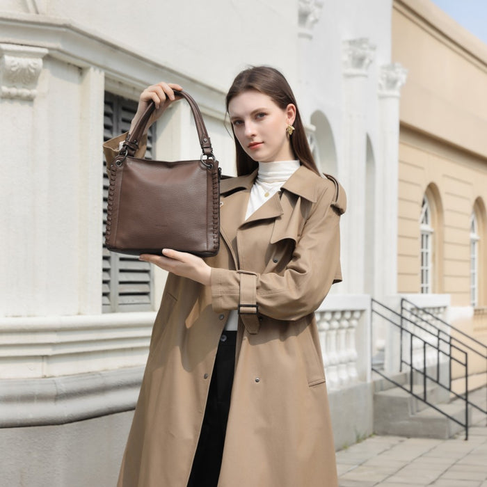 Textured PU Leather Crossbody Handbag with Woven Accents for Women – Brown
