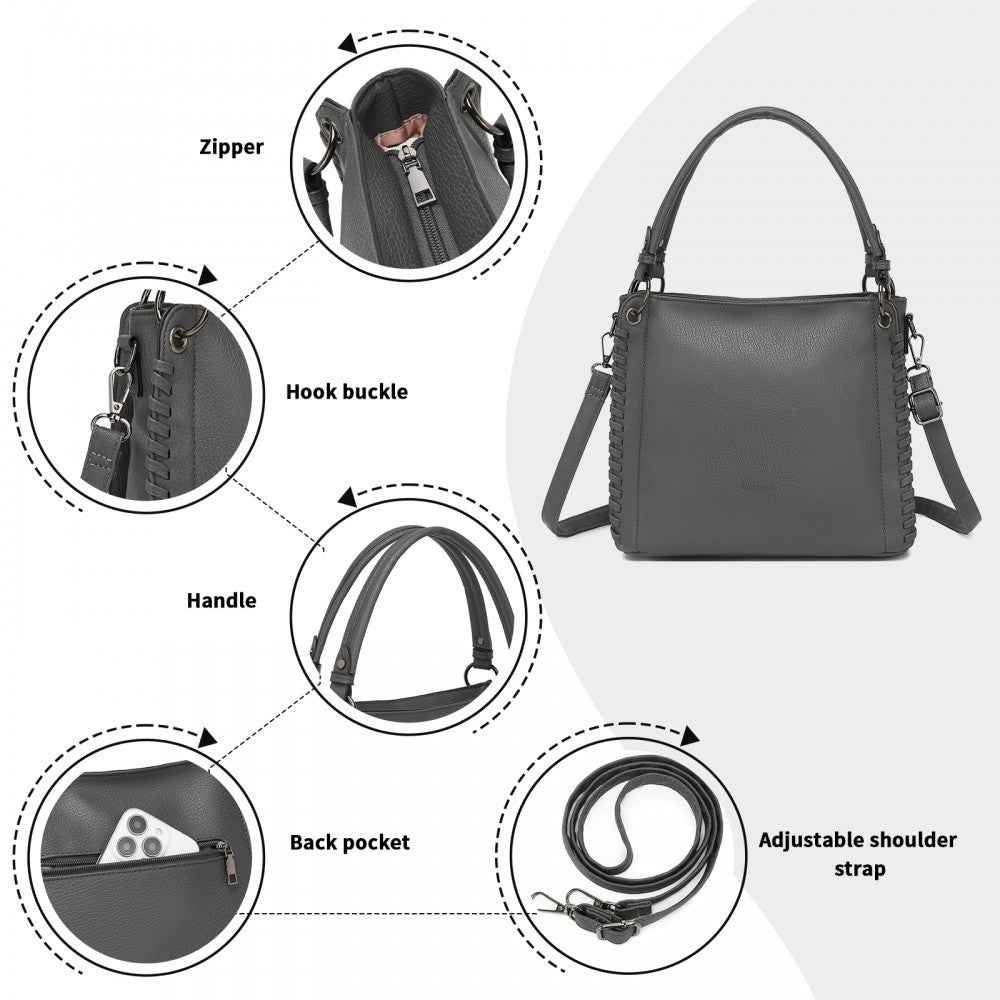 Textured PU Leather Crossbody Handbag with Woven Accents for Women – Grey