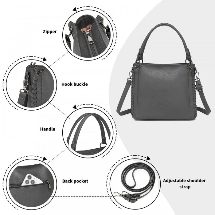 Textured PU Leather Crossbody Handbag with Woven Accents for Women – Grey