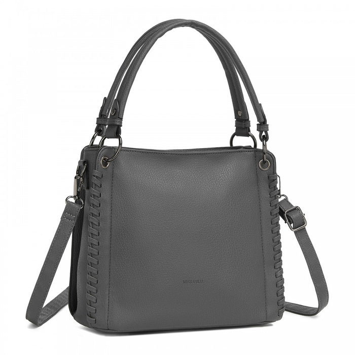 Textured PU Leather Crossbody Handbag with Woven Accents for Women – Grey