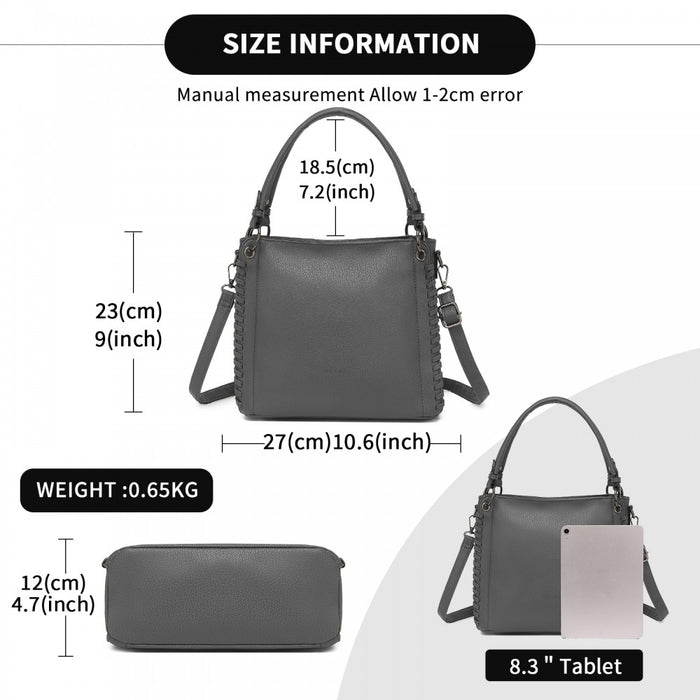 Textured PU Leather Crossbody Handbag with Woven Accents for Women – Grey