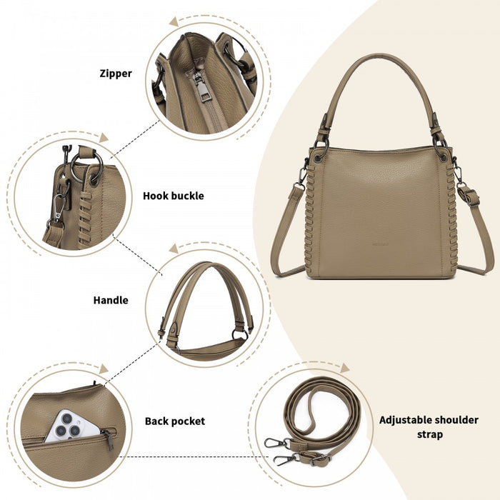 Textured PU Leather Crossbody Handbag with Woven Accents for Women – Khaki