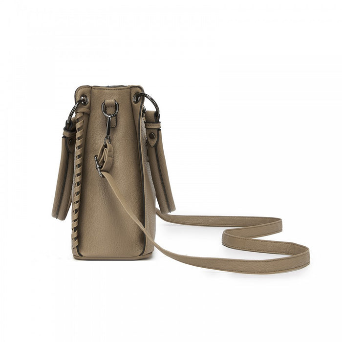 Textured PU Leather Crossbody Handbag with Woven Accents for Women – Khaki