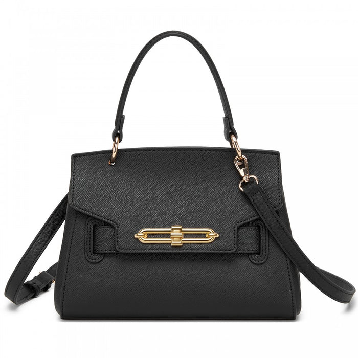 Structured PU Top-Handle Mini Satchel – Twist-Lock Flap and Detachable Handle – Black