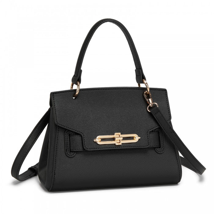 Structured PU Top-Handle Mini Satchel – Twist-Lock Flap and Detachable Handle – Black