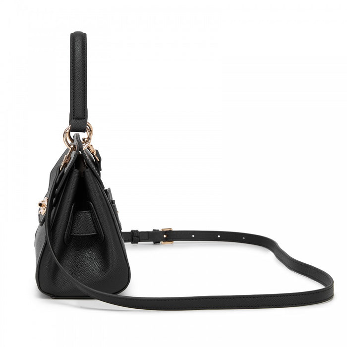 Structured PU Top-Handle Mini Satchel – Twist-Lock Flap and Detachable Handle – Black