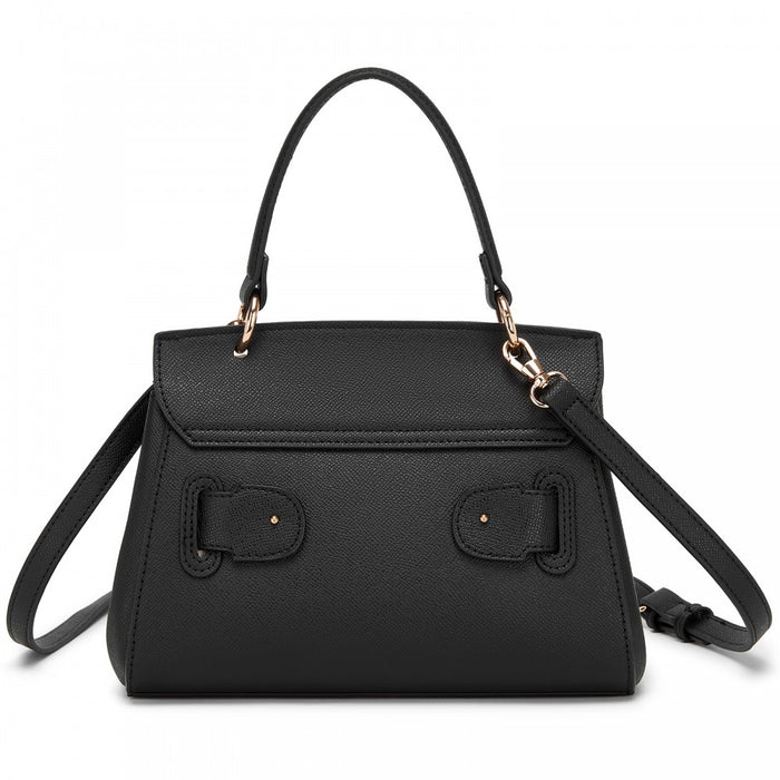Structured PU Top-Handle Mini Satchel – Twist-Lock Flap and Detachable Handle – Black