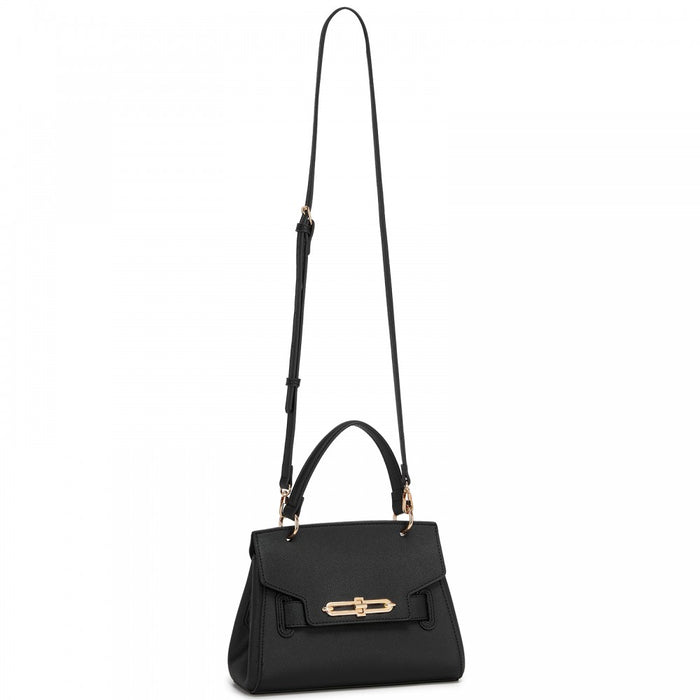 Structured PU Top-Handle Mini Satchel – Twist-Lock Flap and Detachable Handle – Black