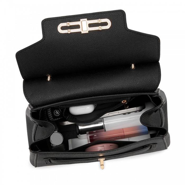 Structured PU Top-Handle Mini Satchel – Twist-Lock Flap and Detachable Handle – Black