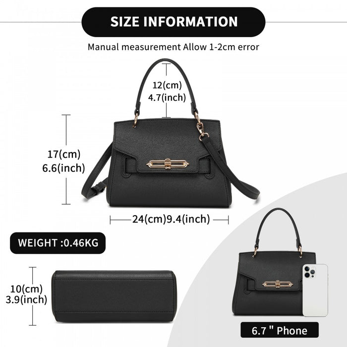 Structured PU Top-Handle Mini Satchel – Twist-Lock Flap and Detachable Handle – Black