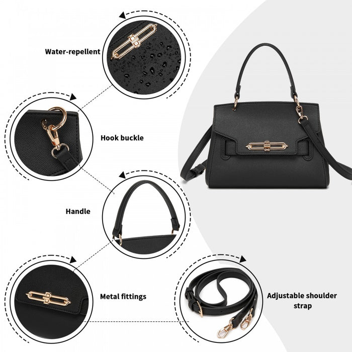 Structured PU Top-Handle Mini Satchel – Twist-Lock Flap and Detachable Handle – Black