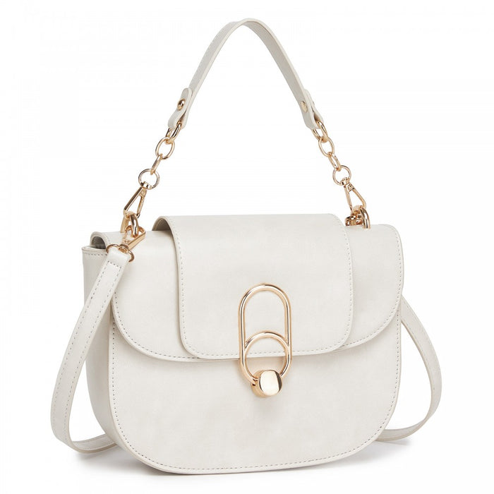 PU Saddle Bag with Chain-Accent Top Handle and Adjustable Strap – Beige