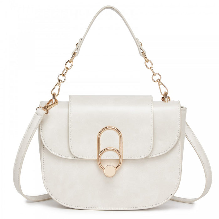PU Saddle Bag with Chain-Accent Top Handle and Adjustable Strap – Beige