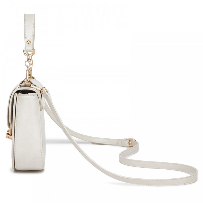 PU Saddle Bag with Chain-Accent Top Handle and Adjustable Strap – Beige