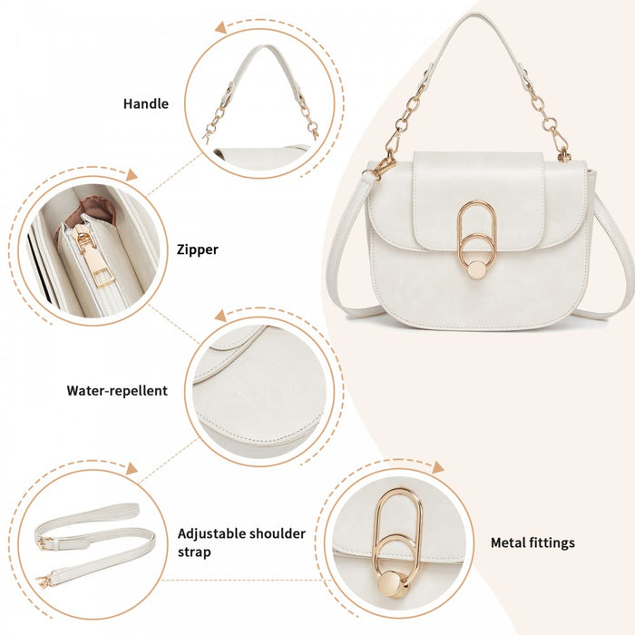 PU Saddle Bag with Chain-Accent Top Handle and Adjustable Strap – Beige
