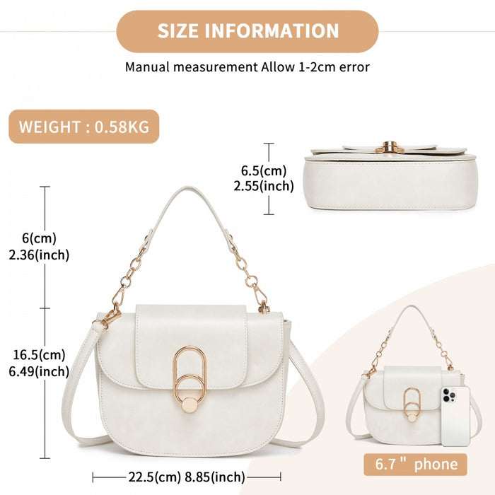 PU Saddle Bag with Chain-Accent Top Handle and Adjustable Strap – Beige