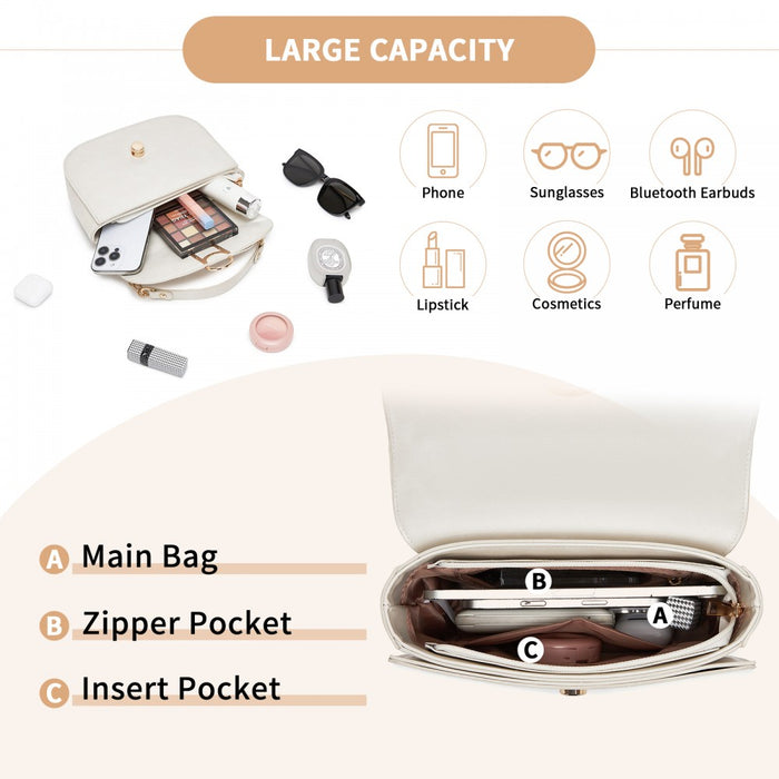 PU Saddle Bag with Chain-Accent Top Handle and Adjustable Strap – Beige