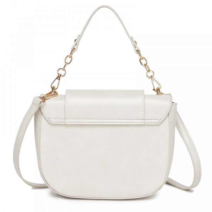 PU Saddle Bag with Chain-Accent Top Handle and Adjustable Strap – Beige