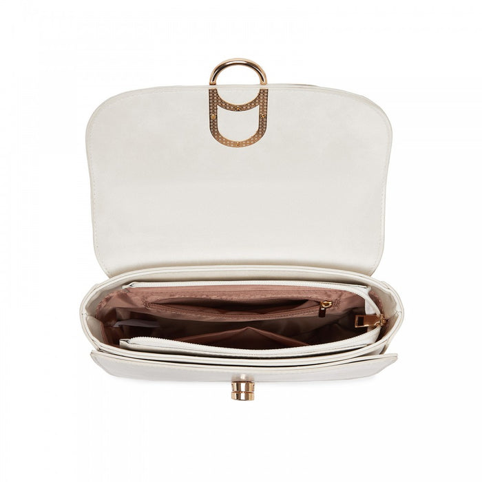 PU Saddle Bag with Chain-Accent Top Handle and Adjustable Strap – Beige