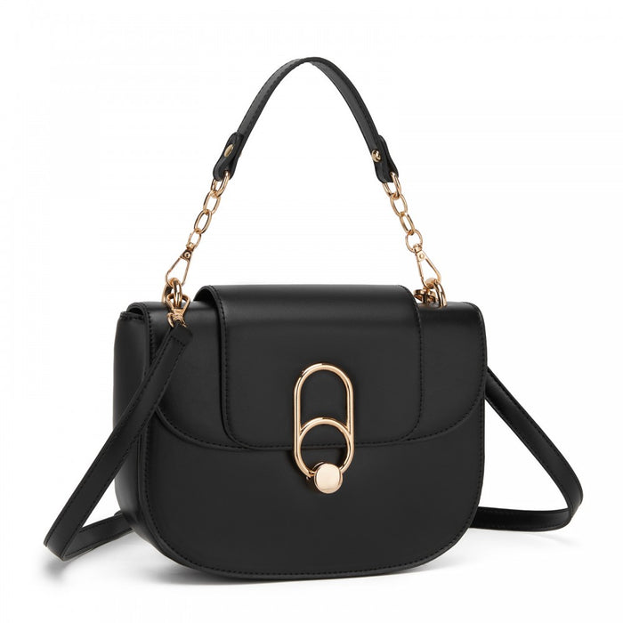 PU Saddle Bag with Chain-Accent Top Handle and Adjustable Strap – Black