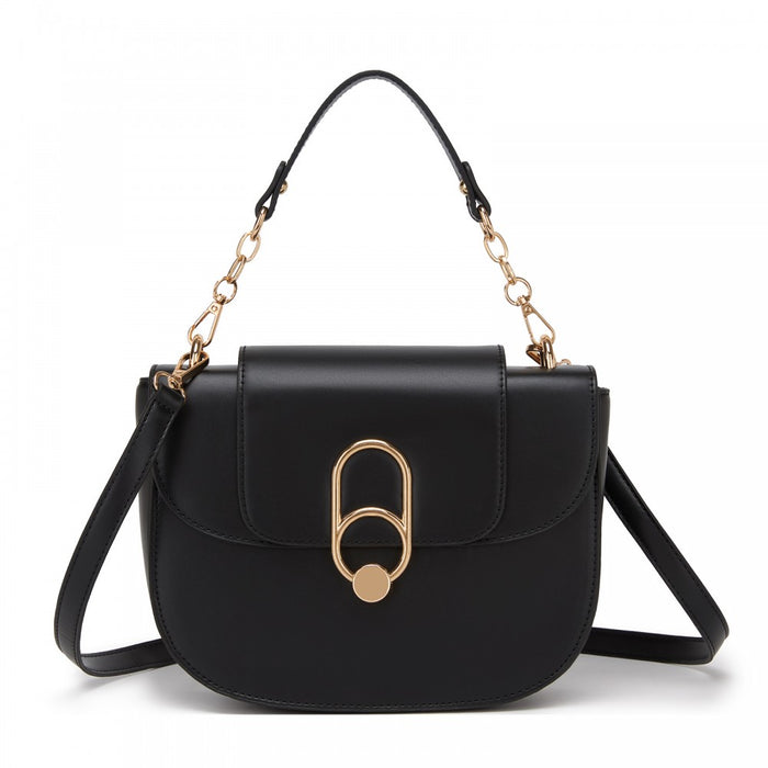 PU Saddle Bag with Chain-Accent Top Handle and Adjustable Strap – Black