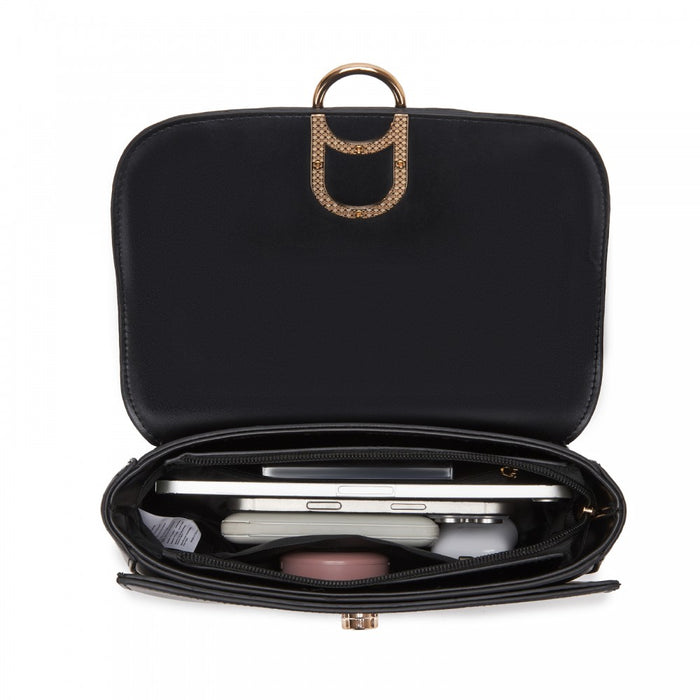 PU Saddle Bag with Chain-Accent Top Handle and Adjustable Strap – Black