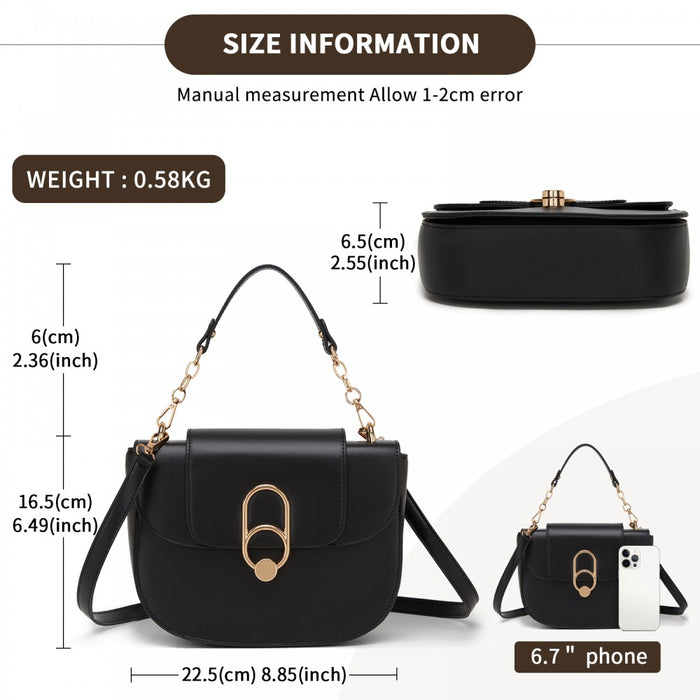 PU Saddle Bag with Chain-Accent Top Handle and Adjustable Strap – Black