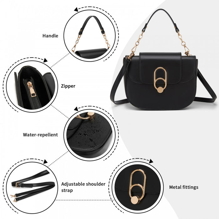 PU Saddle Bag with Chain-Accent Top Handle and Adjustable Strap – Black