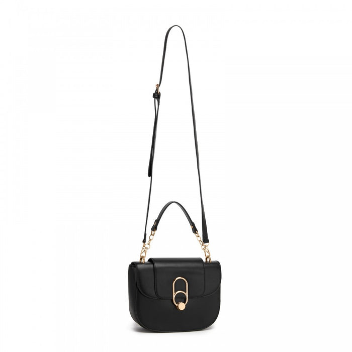 PU Saddle Bag with Chain-Accent Top Handle and Adjustable Strap – Black