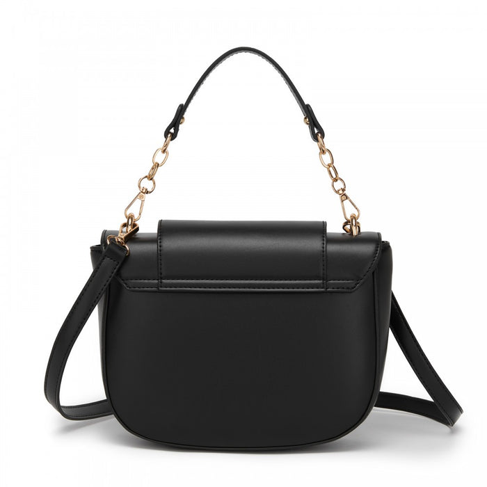 PU Saddle Bag with Chain-Accent Top Handle and Adjustable Strap – Black