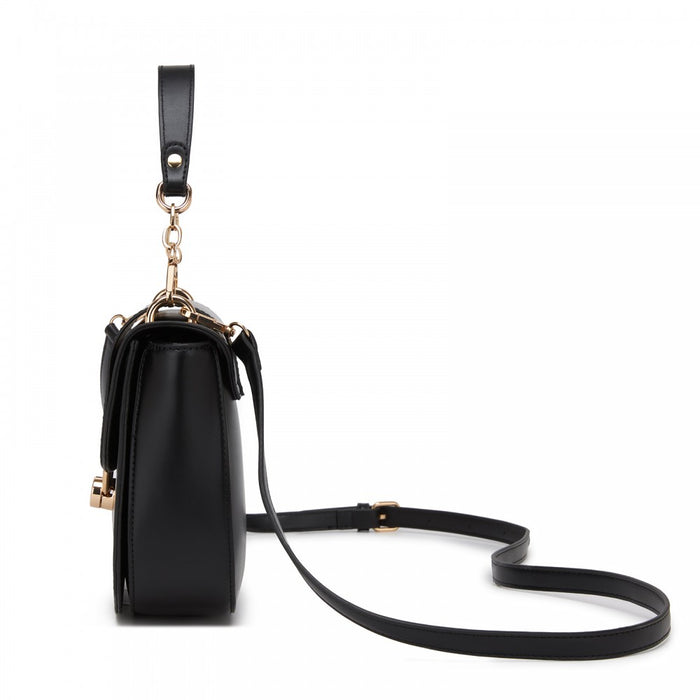 PU Saddle Bag with Chain-Accent Top Handle and Adjustable Strap – Black