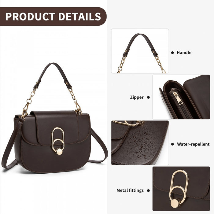 PU Saddle Bag with Chain-Accent Top Handle and Adjustable Strap – Brown