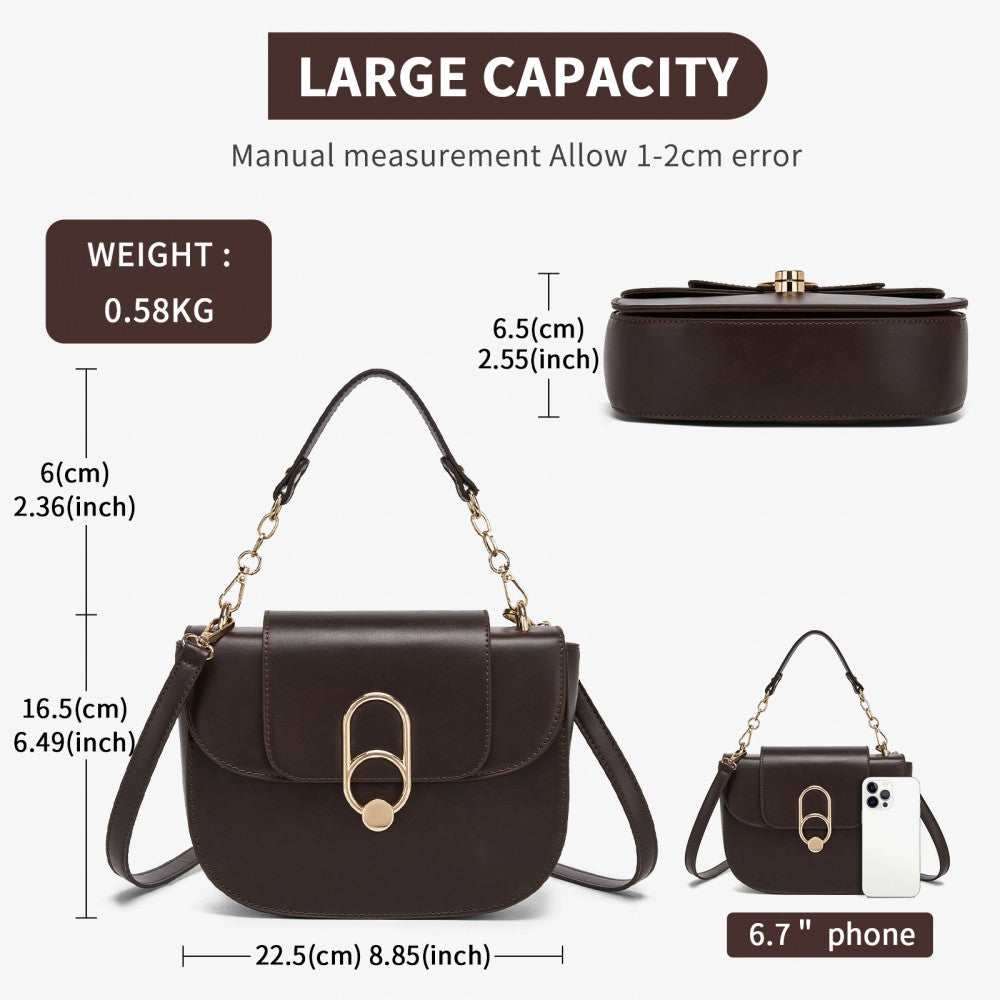 PU Saddle Bag with Chain-Accent Top Handle and Adjustable Strap – Brown