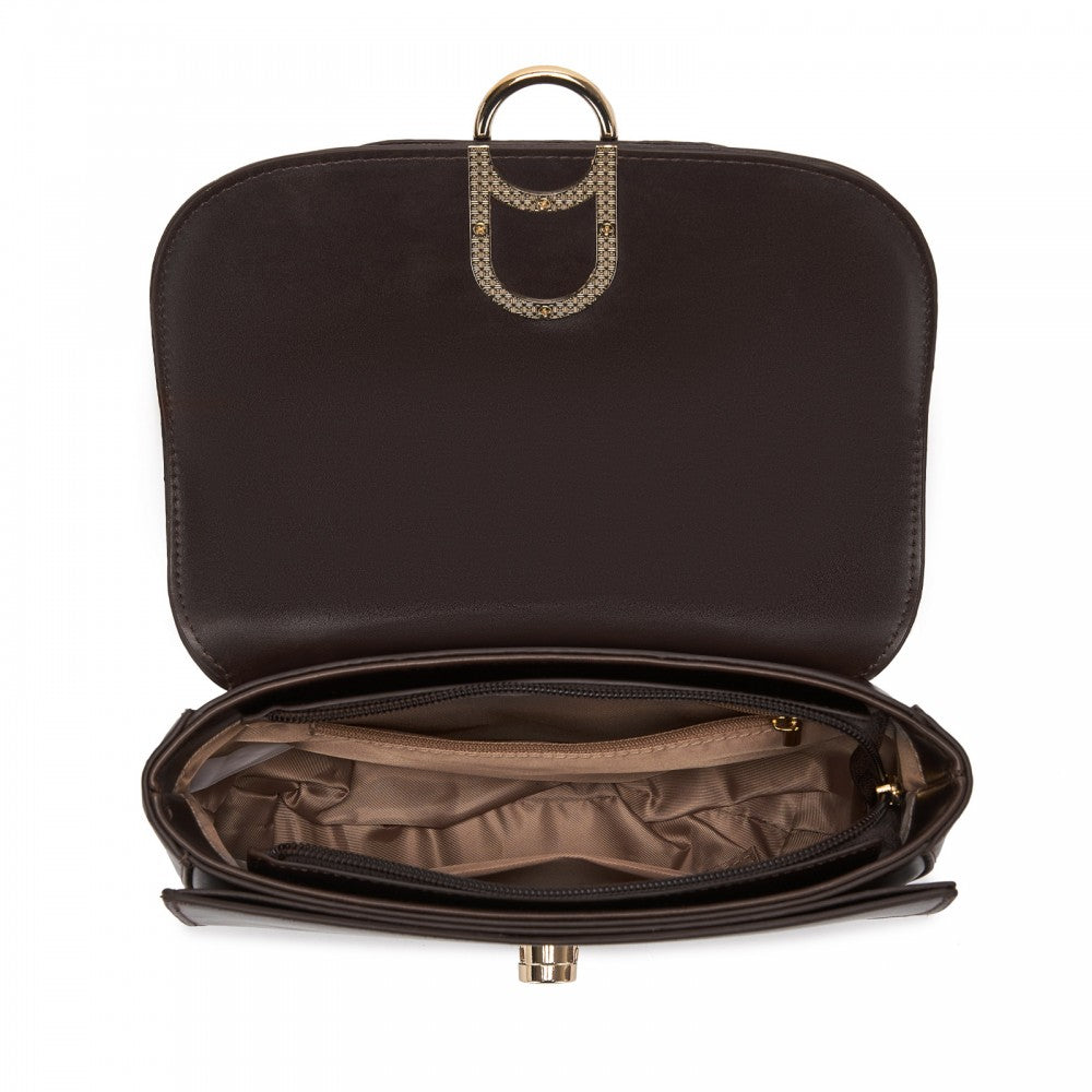PU Saddle Bag with Chain-Accent Top Handle and Adjustable Strap – Brown