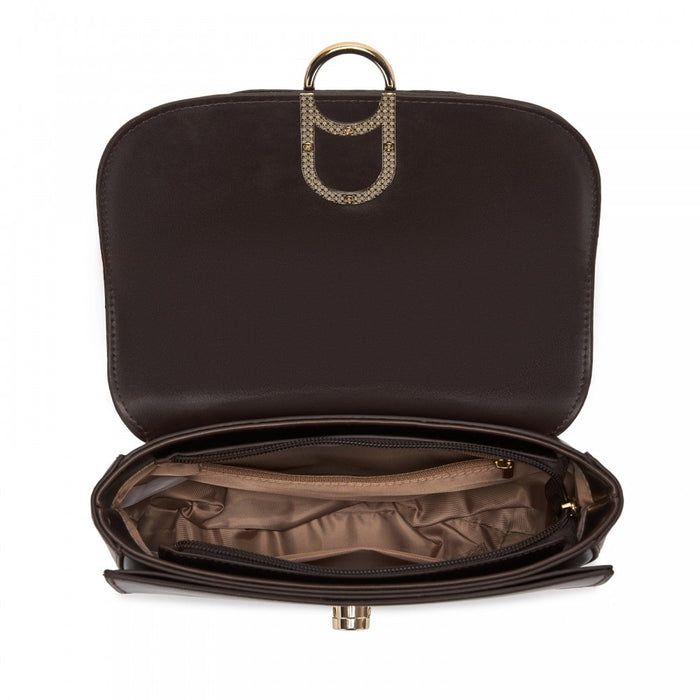 PU Saddle Bag with Chain-Accent Top Handle and Adjustable Strap – Brown