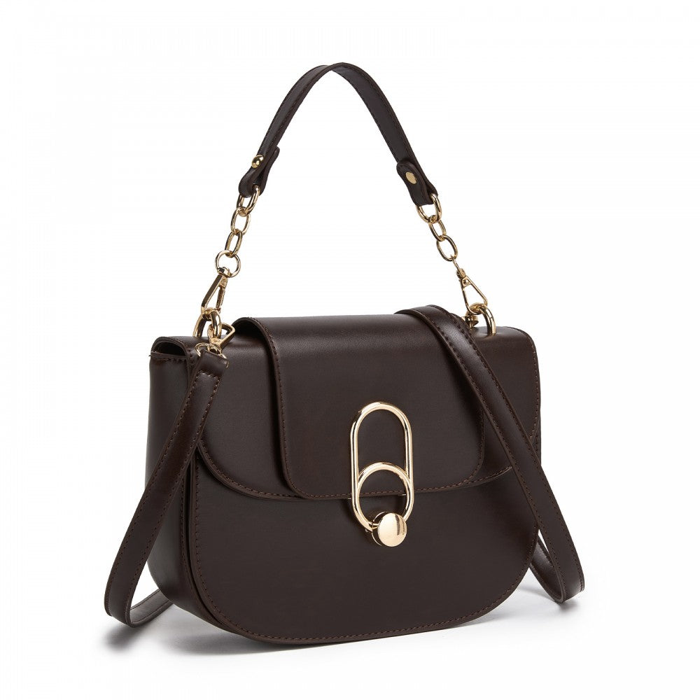 PU Saddle Bag with Chain-Accent Top Handle and Adjustable Strap – Brown