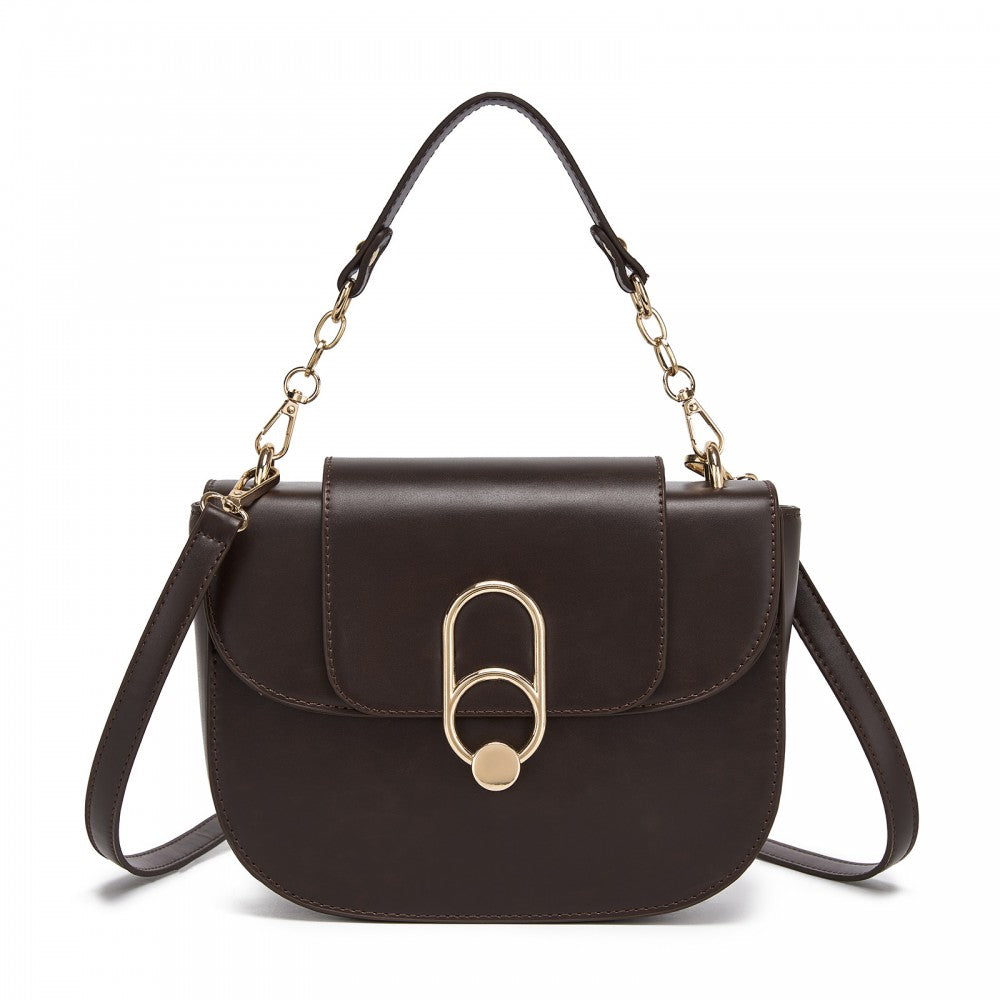 PU Saddle Bag with Chain-Accent Top Handle and Adjustable Strap – Brown