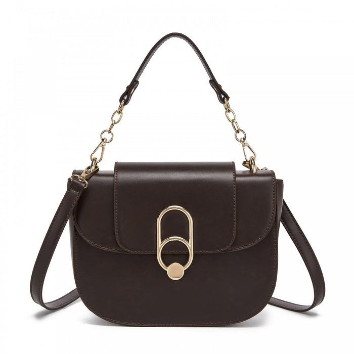 PU Saddle Bag with Chain-Accent Top Handle and Adjustable Strap – Brown