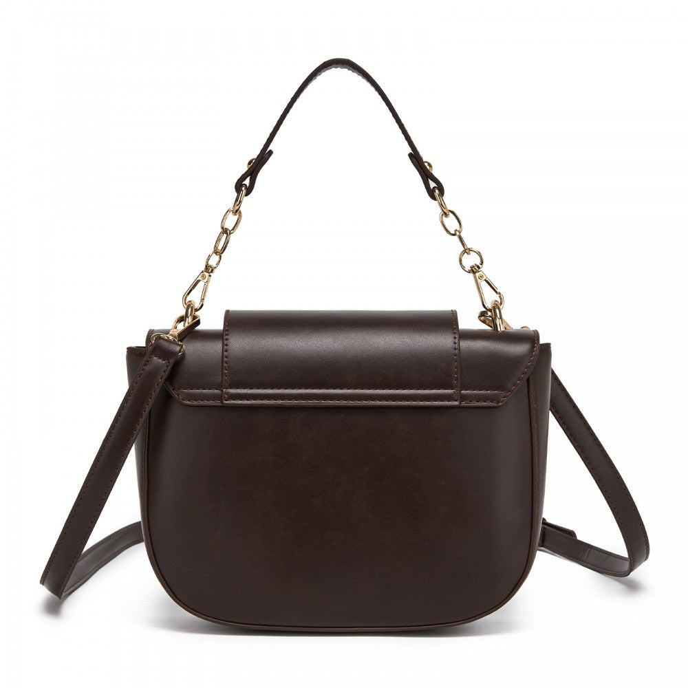 PU Saddle Bag with Chain-Accent Top Handle and Adjustable Strap – Brown