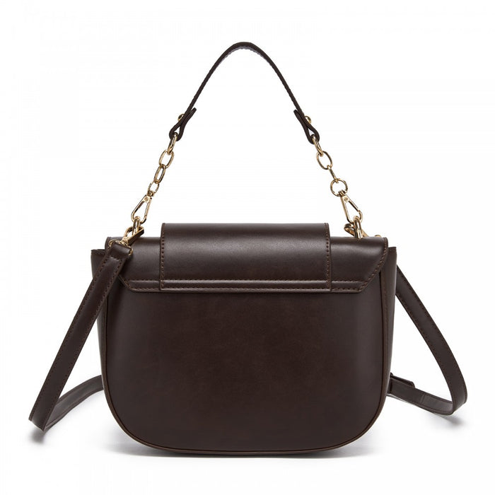 PU Saddle Bag with Chain-Accent Top Handle and Adjustable Strap – Brown