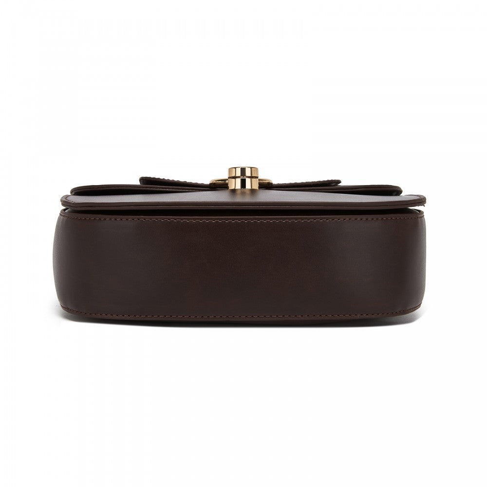 PU Saddle Bag with Chain-Accent Top Handle and Adjustable Strap – Brown