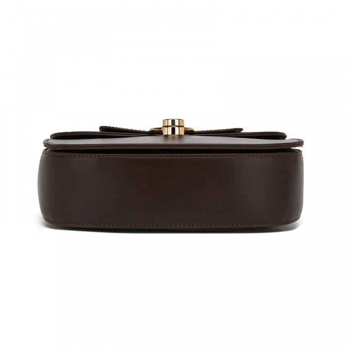PU Saddle Bag with Chain-Accent Top Handle and Adjustable Strap – Brown