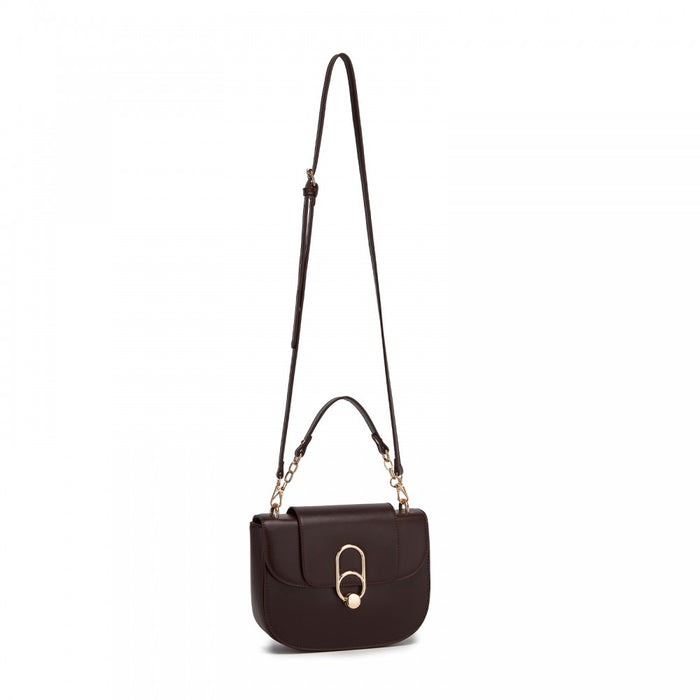 PU Saddle Bag with Chain-Accent Top Handle and Adjustable Strap – Coffee