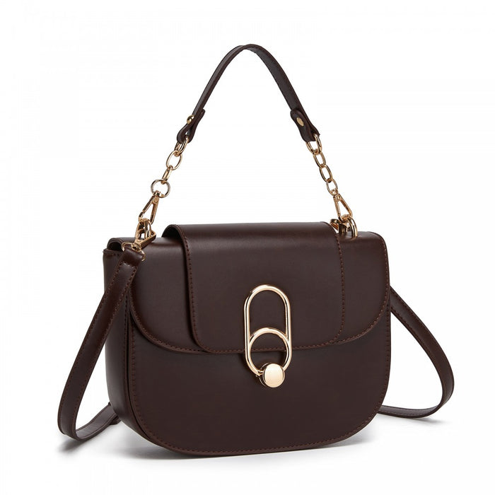 PU Saddle Bag with Chain-Accent Top Handle and Adjustable Strap – Coffee